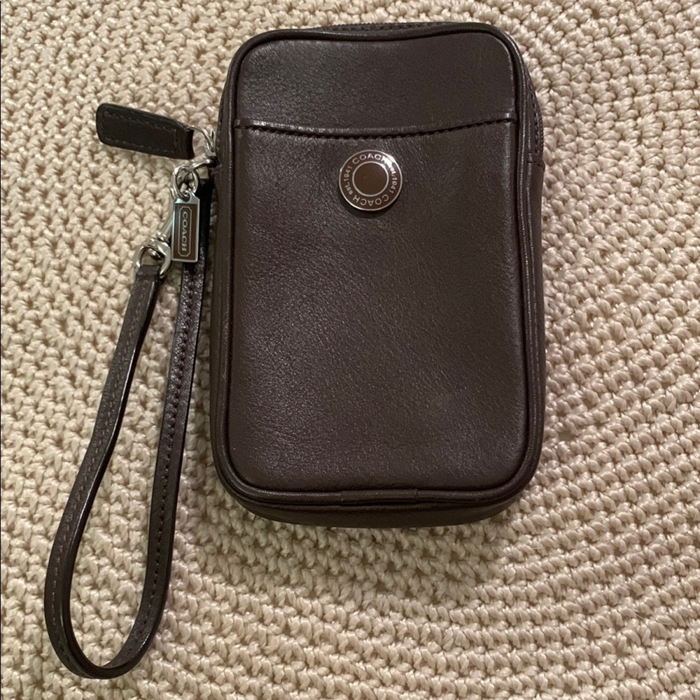 Coach Dark Brown Leather Wristlet Pouch